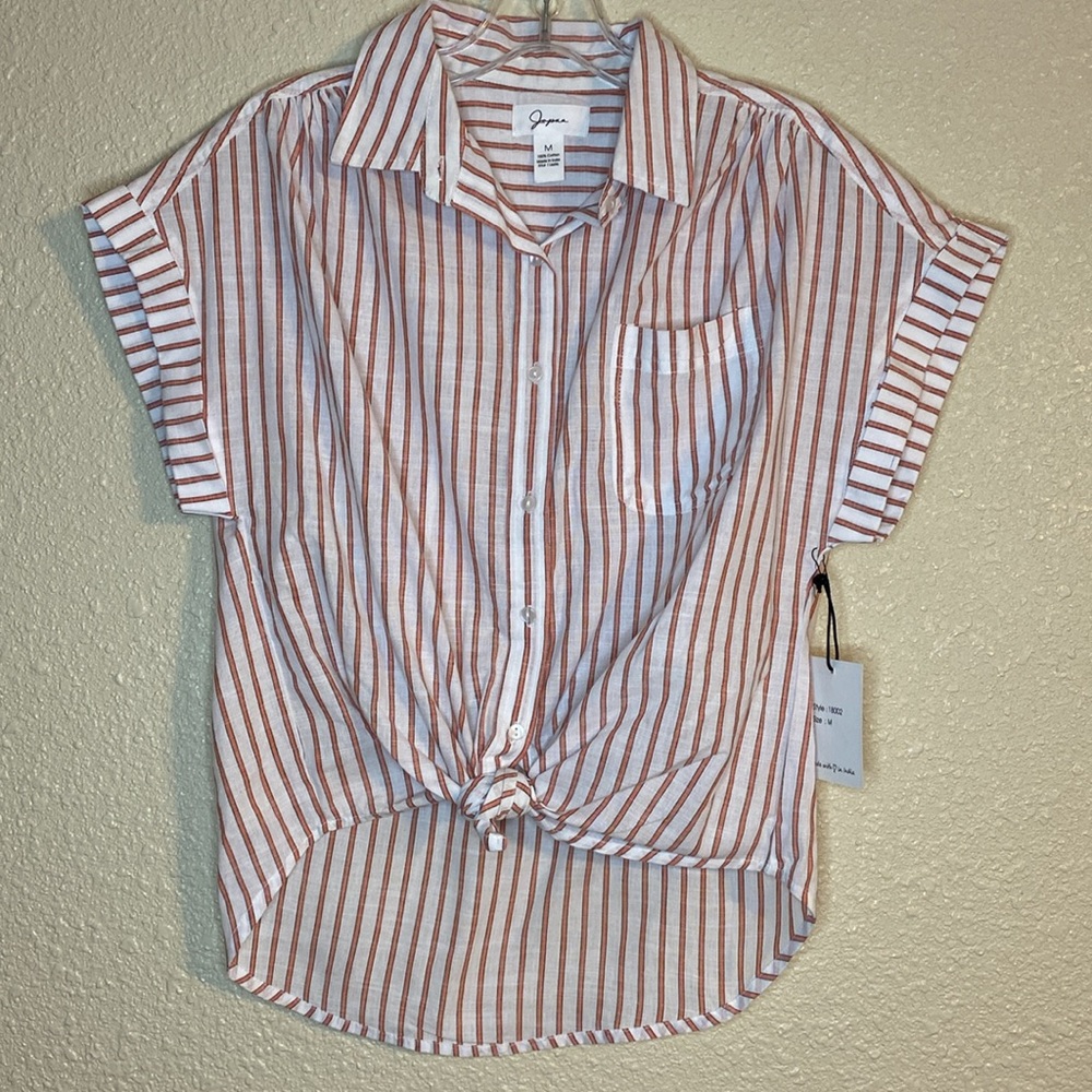 Japna Brand Button Down Short Sleeve Striped Shirt with Front Tie Size M NWOT